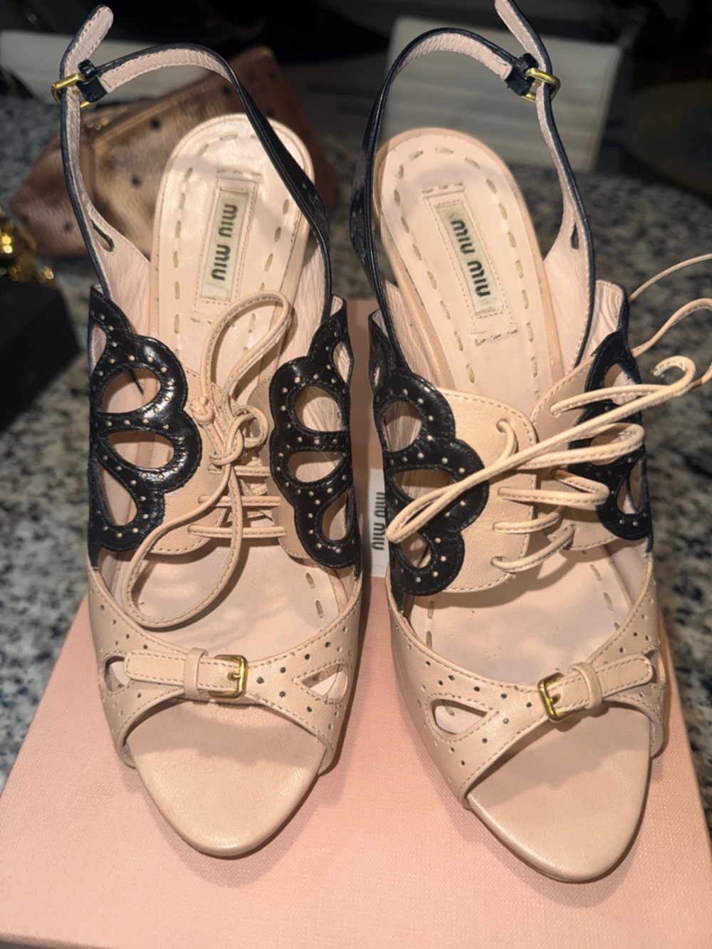 Miu Miu Blush Pink and Black Lace-Up Slingback Heels